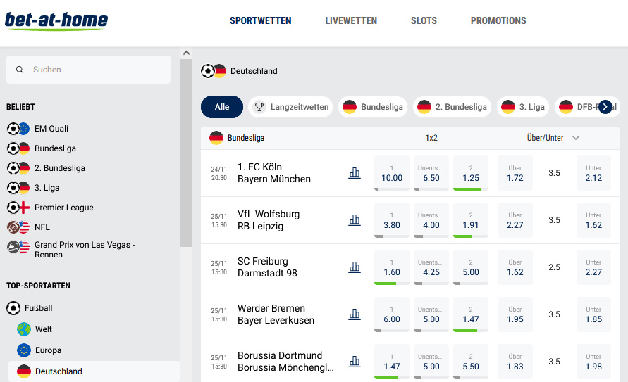 Screenshot: Die Wettangebote zum deutschen Fußball bei Bet-at-home
