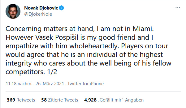 Prominente Unterstützung: Novak Djokovic äußert sich zum Vorfall in Miami.