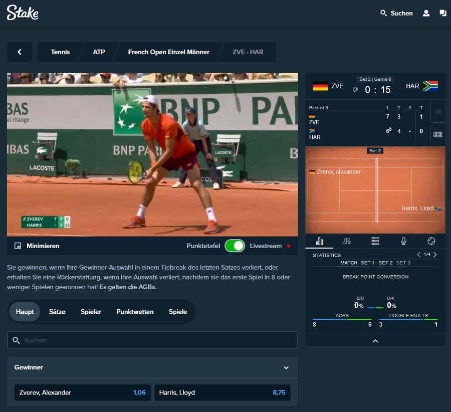 So sieht das Livewetten-Angebot von Stake zu den French Open aus - mit Livestream, Live-Statistik und üppigem Tipp-Angebot.